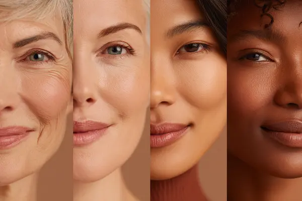 Diverse beautiful faces showing different cultural beauty standards all incorporating universal neuroaesthetic principles