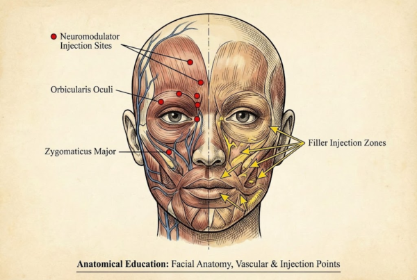 Facial anatomy illustration showing injection zones for Botox and fillers used by experienced injectors in Bakersfield