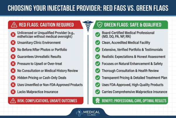 Visual checklist comparing red flags and green flags when choosing a Botox and filler injector in Bakersfield