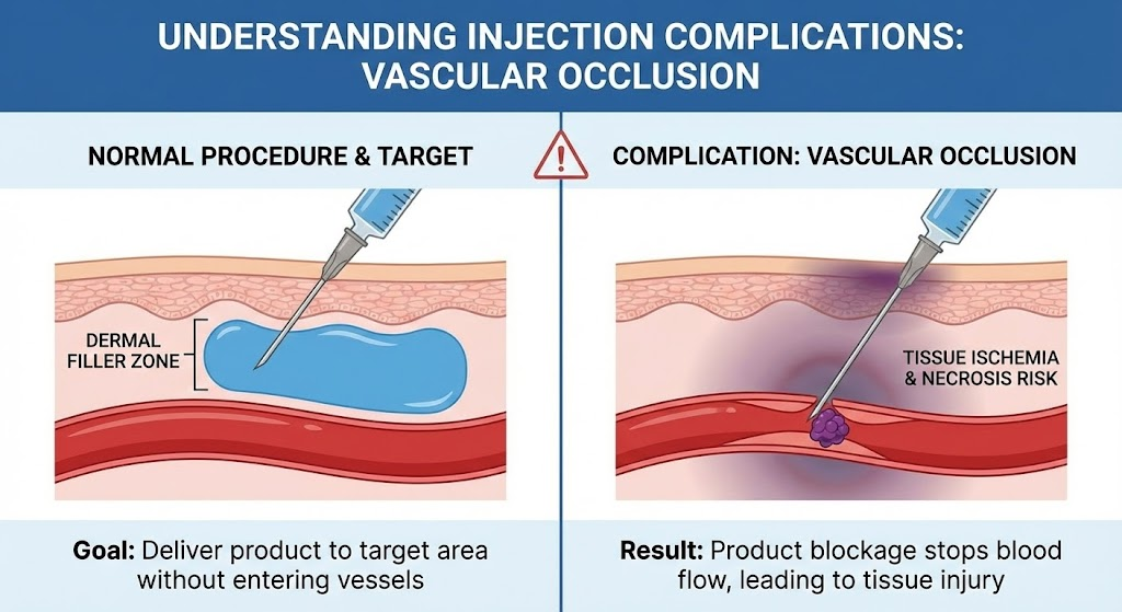 Educational infographic showing risks and complications from inexperienced injectors in Bakersfield CA
