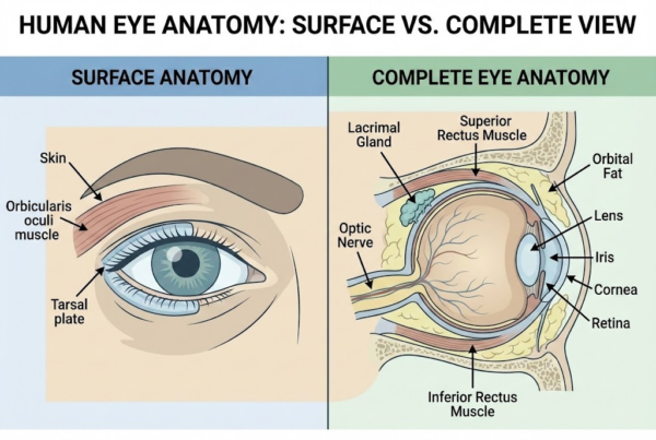 Comprehensive eye anatomy diagram showing structures eye surgeons understand beyond surface eyelid appearance