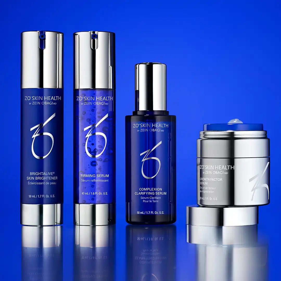 A lineup of ZO Skin Health skincare serums