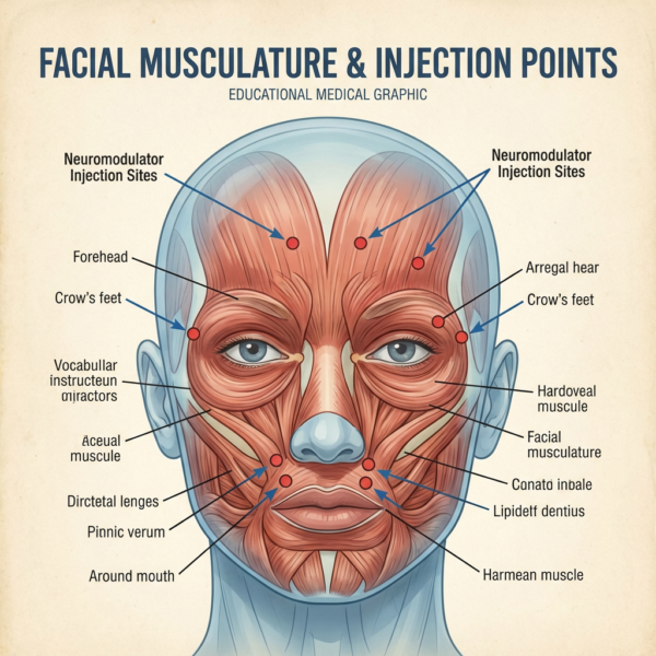 Anatomical diagram showing how neuromodulators work on facial muscles to prevent wrinkle formation