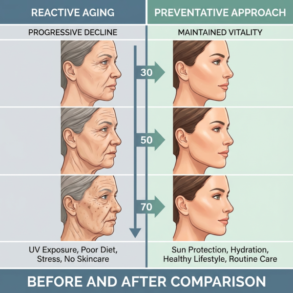 Visual comparison showing preventative vs reactive approaches to facial aging and wrinkle formation