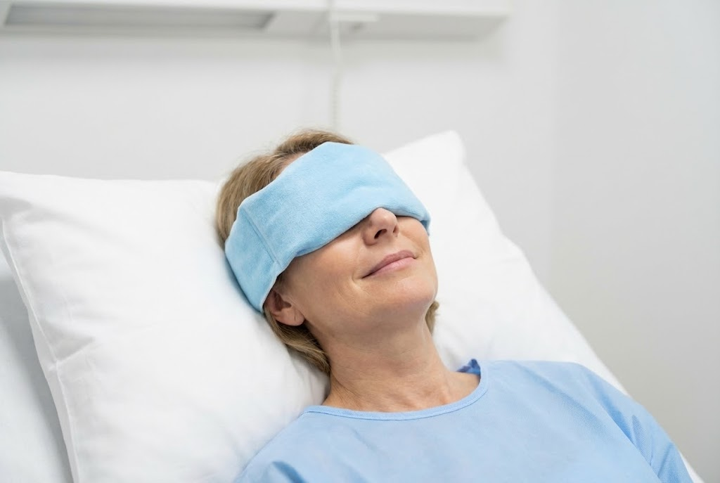 Woman recovering from eyelid surgery with cold compress in Bakersfield clinic