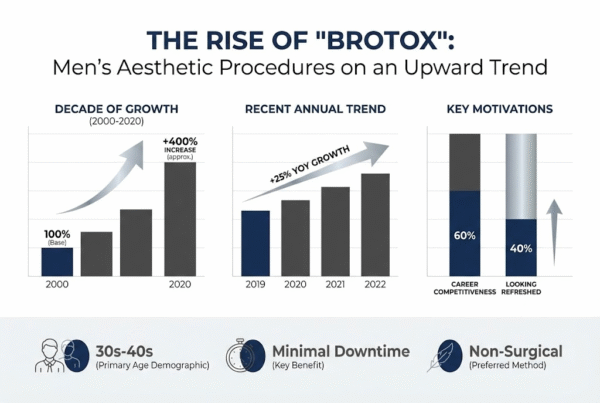 Men's Botox statistics 2024 showing 594,000 male procedures and 3,300% search increase in Bakersfield