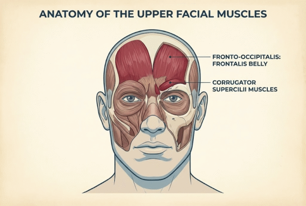 Male facial muscle anatomy diagram showing Botox injection sites for forehead and frown lines