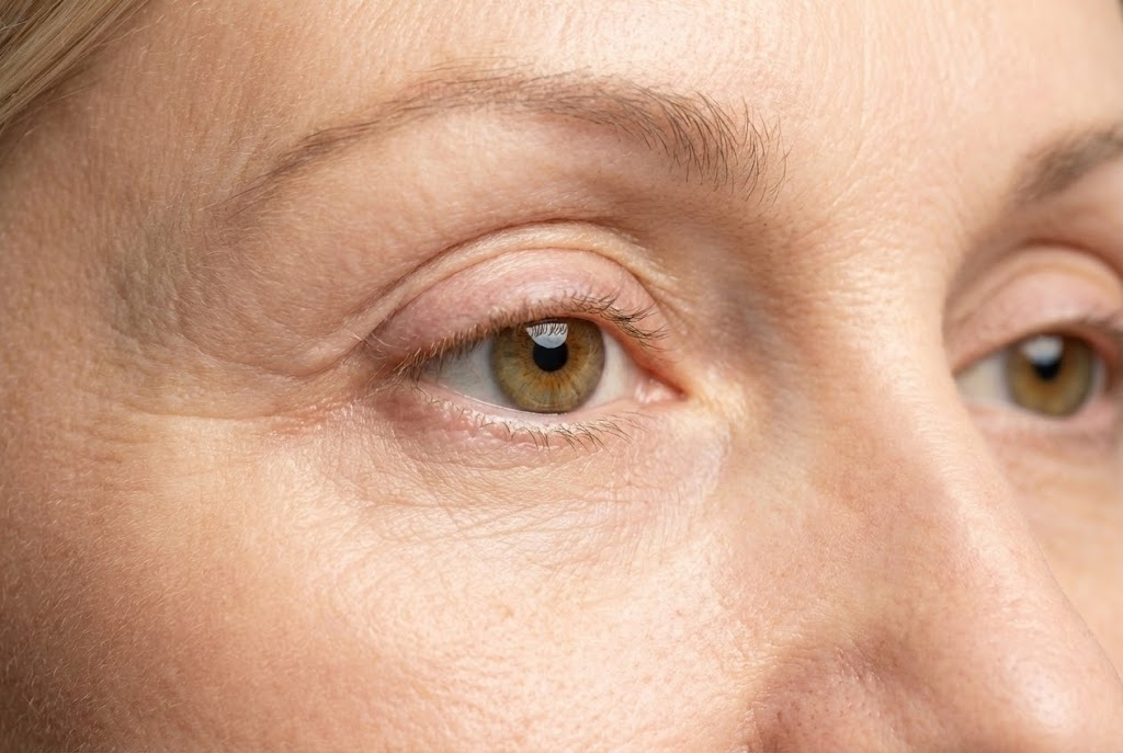 Close-up of a woman's eye showing natural skin texture and light wrinkles around the eye area, with brown irises and a subtle reflection in the eye.