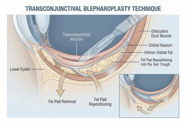Lower eyelid blepharoplasty surgical technique illustration showing incision placement and fat pad repositioning for Bakersfield patients