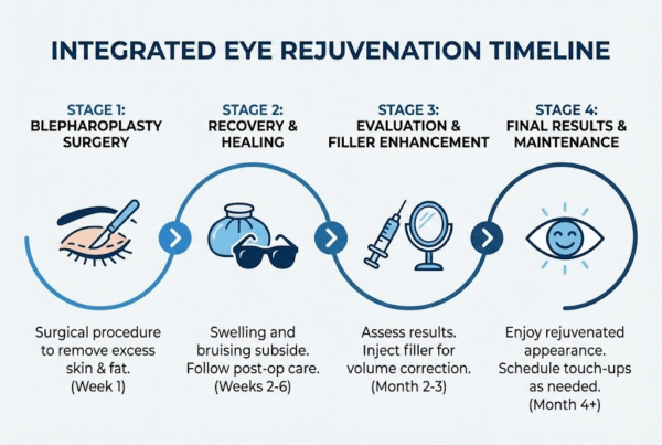 Timeline showing combination approach to eyebag removal in Bakersfield with blepharoplasty followed by strategic filler placement
