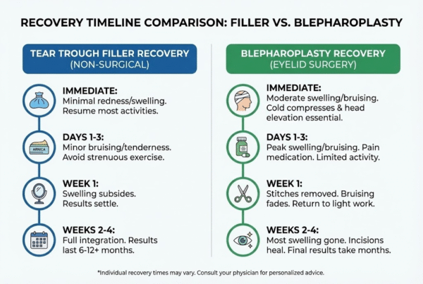 Side-by-side recovery timeline comparison between under-eye fillers and blepharoplasty for Bakersfield patients