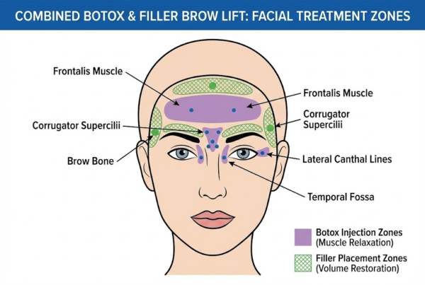 Combined Botox and dermal filler treatment zones for optimal non-surgical brow lift results in Bakersfield