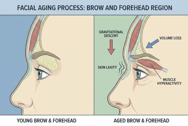 Anatomical diagram illustrating brow aging causes and muscle dynamics for non-surgical brow lift in Bakersfield