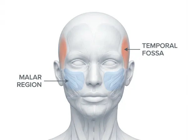 Medical illustration showing cheek and temple regions for dermal filler placement in facial rejuvenation