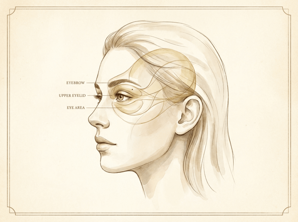 Elegant illustration showing facial anatomy affecting upper eyelid and eyebrow appearance
