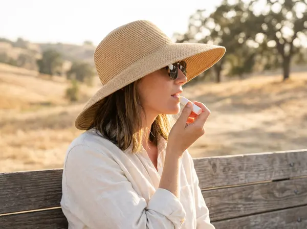 Woman protecting lips from Bakersfield sun exposure after perioral line treatment with SPF lip balm
