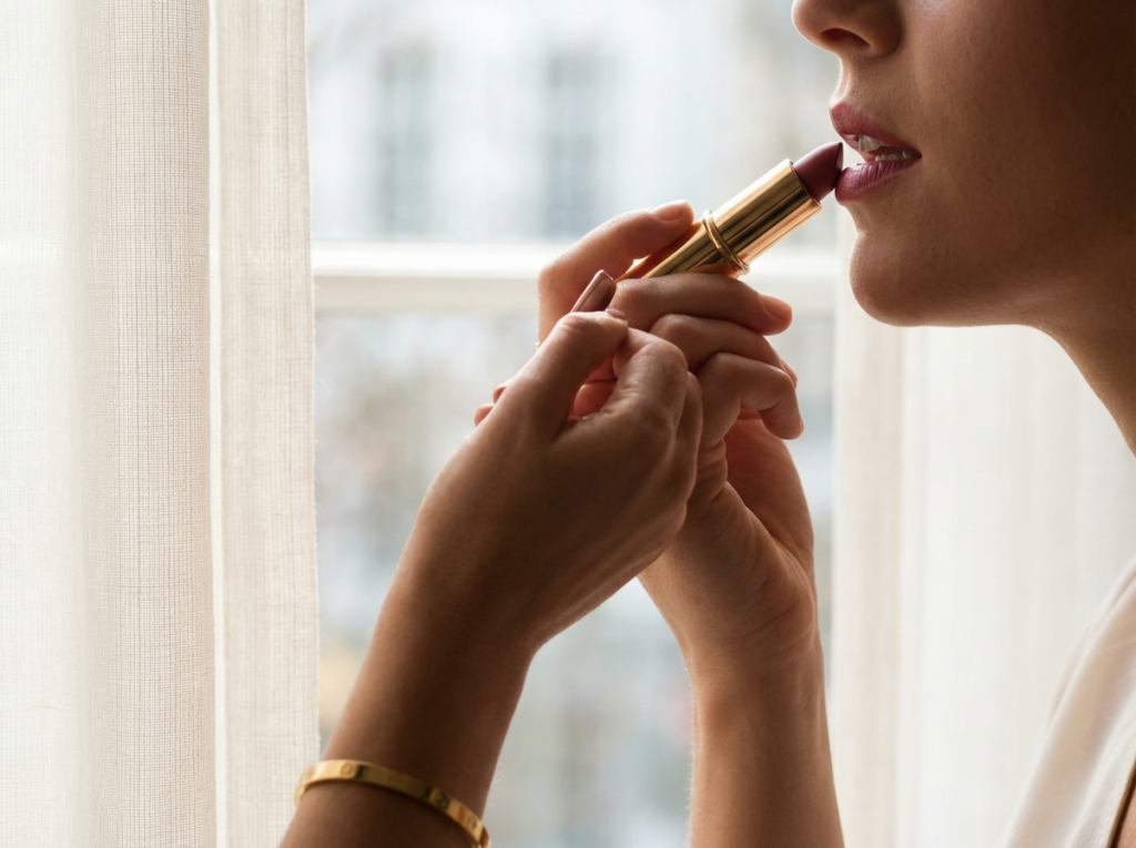 Woman confidently applying lipstick after perioral line treatment eliminates feathering concerns