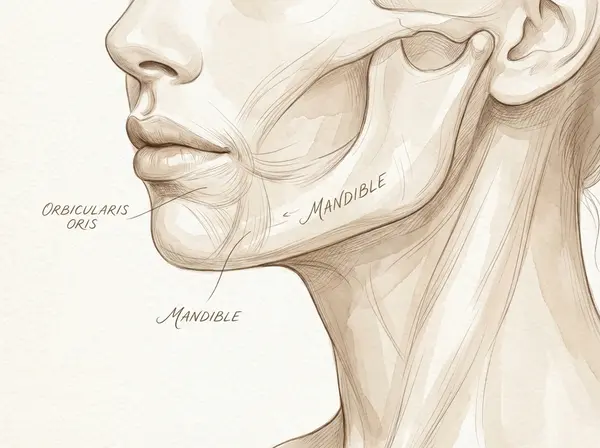 Artistic illustration showing lower face anatomy and structures affecting marionette lines and jowling