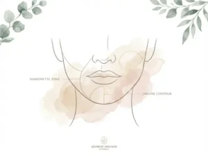 Artistic illustration showing lower face anatomy and treatment zones for marionette lines and jowl filler placement in Bakersfield