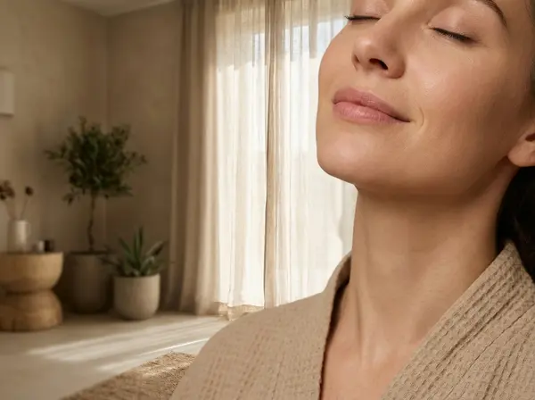 eaceful facial expression showing lower face area where filler treatment restores youthful definition