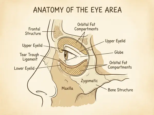 Anatomical illustration showing tear trough structure and orbital fat compartments in under-eye area