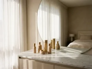 Morning light on elegant vanity representing under-eye rejuvenation consultation at Modern Aesthetic Institute in Bakersfield
