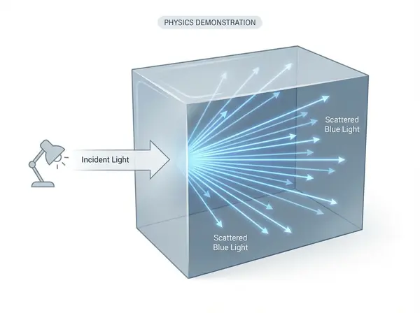 Scientific illustration demonstrating Tyndall effect light scattering phenomenon that causes blue discoloration from superficial filler