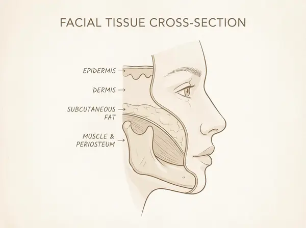 Anatomical diagram showing four facial tissue layers and proper supraperiosteal filler placement depth to prevent Tyndall effect