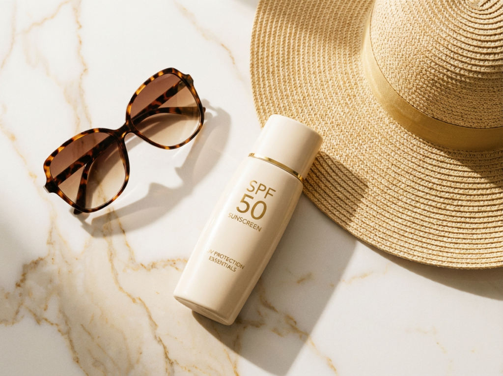 UV protection essentials for Bakersfield residents after tear trough filler treatment including sunglasses and SPF 50