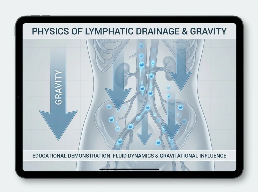 Fluid dynamics illustration showing how gravity affects malar bag fluid retention and lymphatic drainage