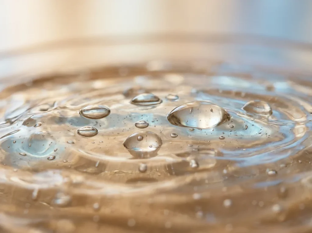 Abstract water droplets on gel representing fluid retention mechanism in malar bags and under-eye puffiness