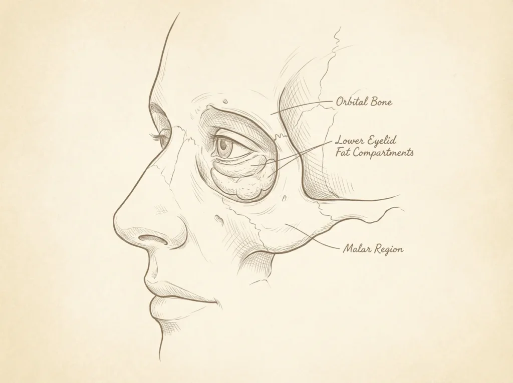 Anatomical diagram showing difference between orbital fat bag location and malar bag location on cheek