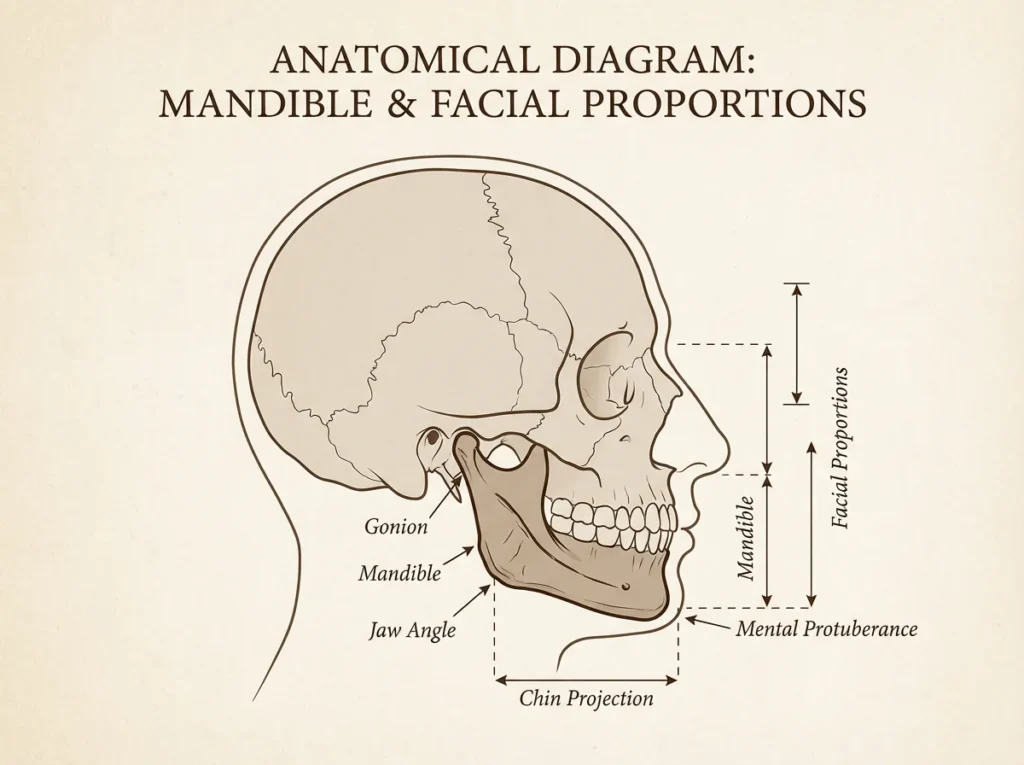 Anatomical diagram showing jawline bone structure and facial proportions for filler enhancement planning