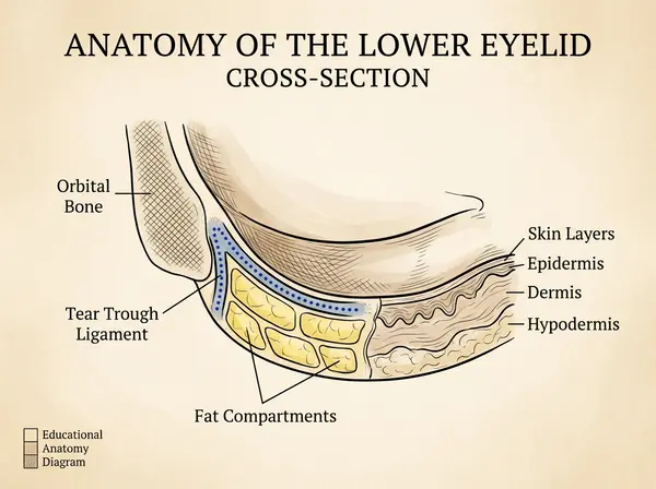 Anatomical diagram showing under-eye structure including orbital rim bone, tear trough, and fat compartments