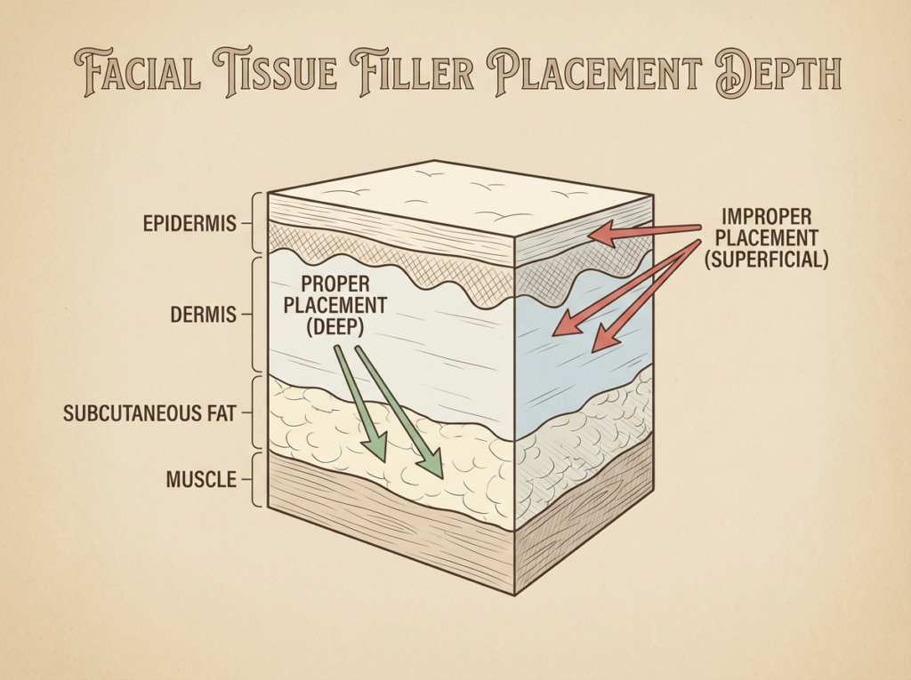Anatomical diagram showing proper tissue depth for filler placement preventing migration