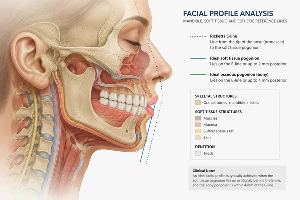 Medical illustration of chin anatomy showing bone structure and ideal projection measurements for chin filler placement in Bakersfield