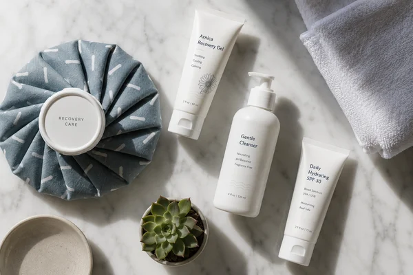 Chin filler aftercare essentials including ice packs and gentle skincare products for optimal recovery in Bakersfield's climate