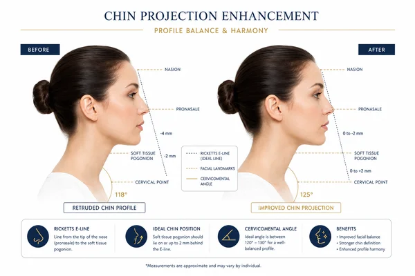 Before and after infographic showing improved chin projection and facial balance with chin filler in Bakersfield