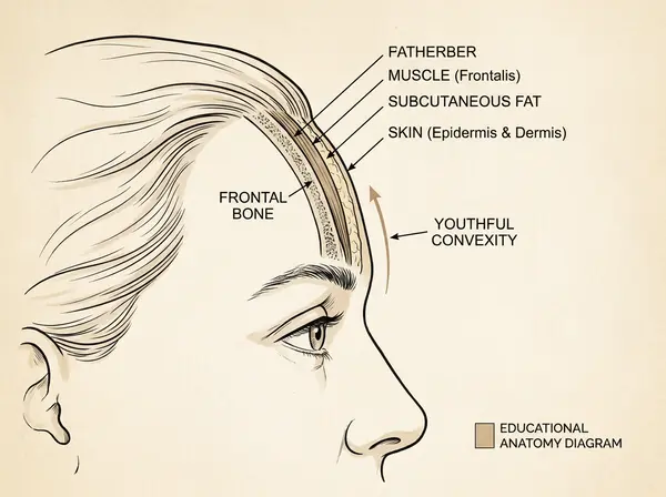 Anatomical diagram showing forehead bone structure and soft tissue layers for filler placement planning