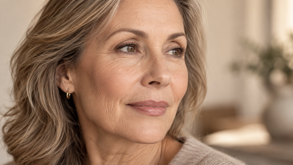 Mature woman with natural eyelid creases illustrating healed blepharoplasty scars