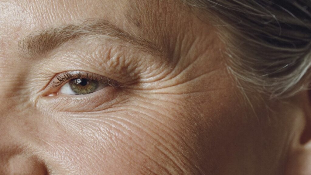 Close view of a mature woman's eye and brow illustrating eyelid surgery candidacy