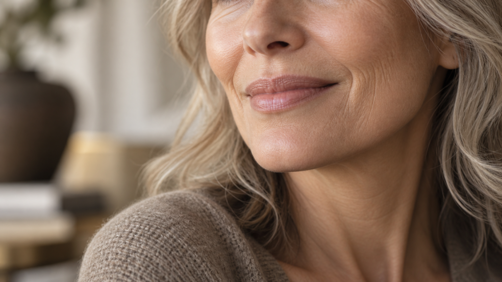 Mature woman with natural smile lines and vertical lip lines in warm light