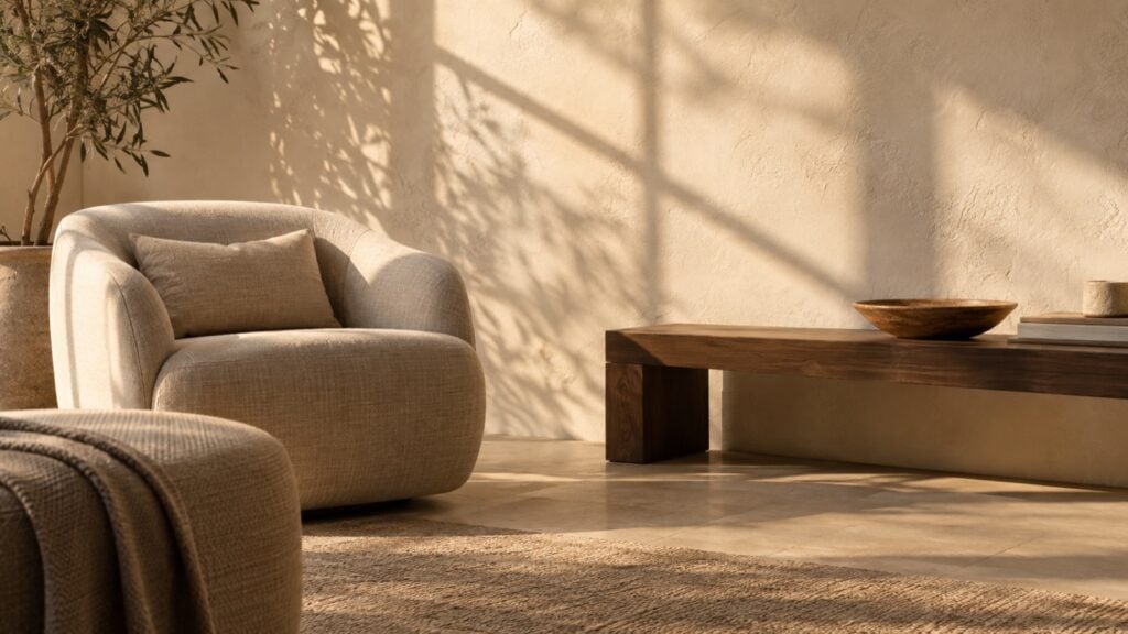 Sunlit lounge corner with a linen armchair, walnut bench and warm plaster wall