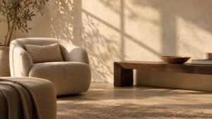 Sunlit lounge corner with a linen armchair, walnut bench and warm plaster wall